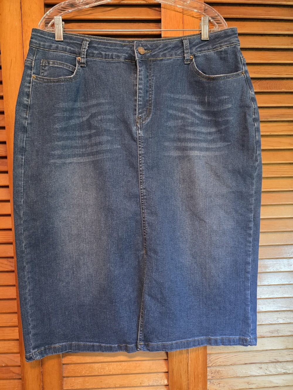 EUC GUANYY Denim Midi Skirt Women's Size XL Stretch Medium Wash Straight Pencil